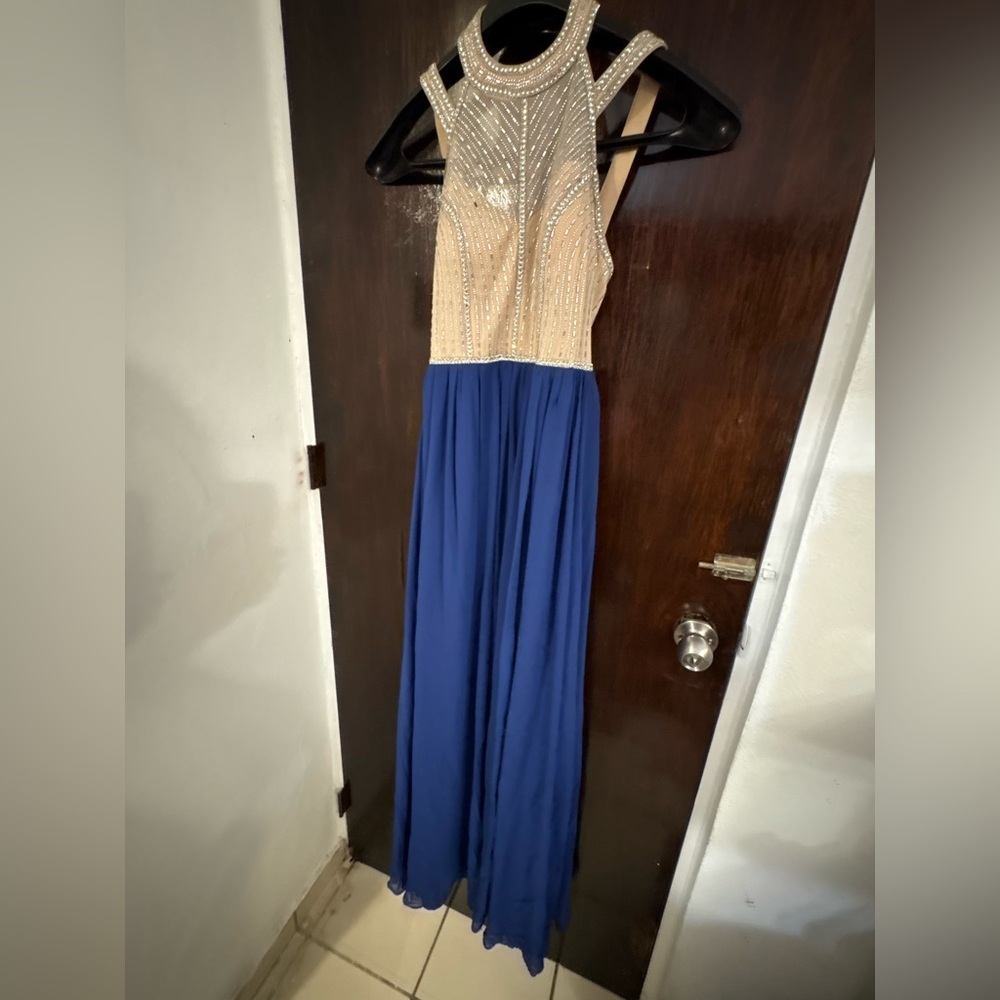 Beaded Cream Halter Bodice with Royal Blue Chiffon Skirt Prom Dress. Size 1.
